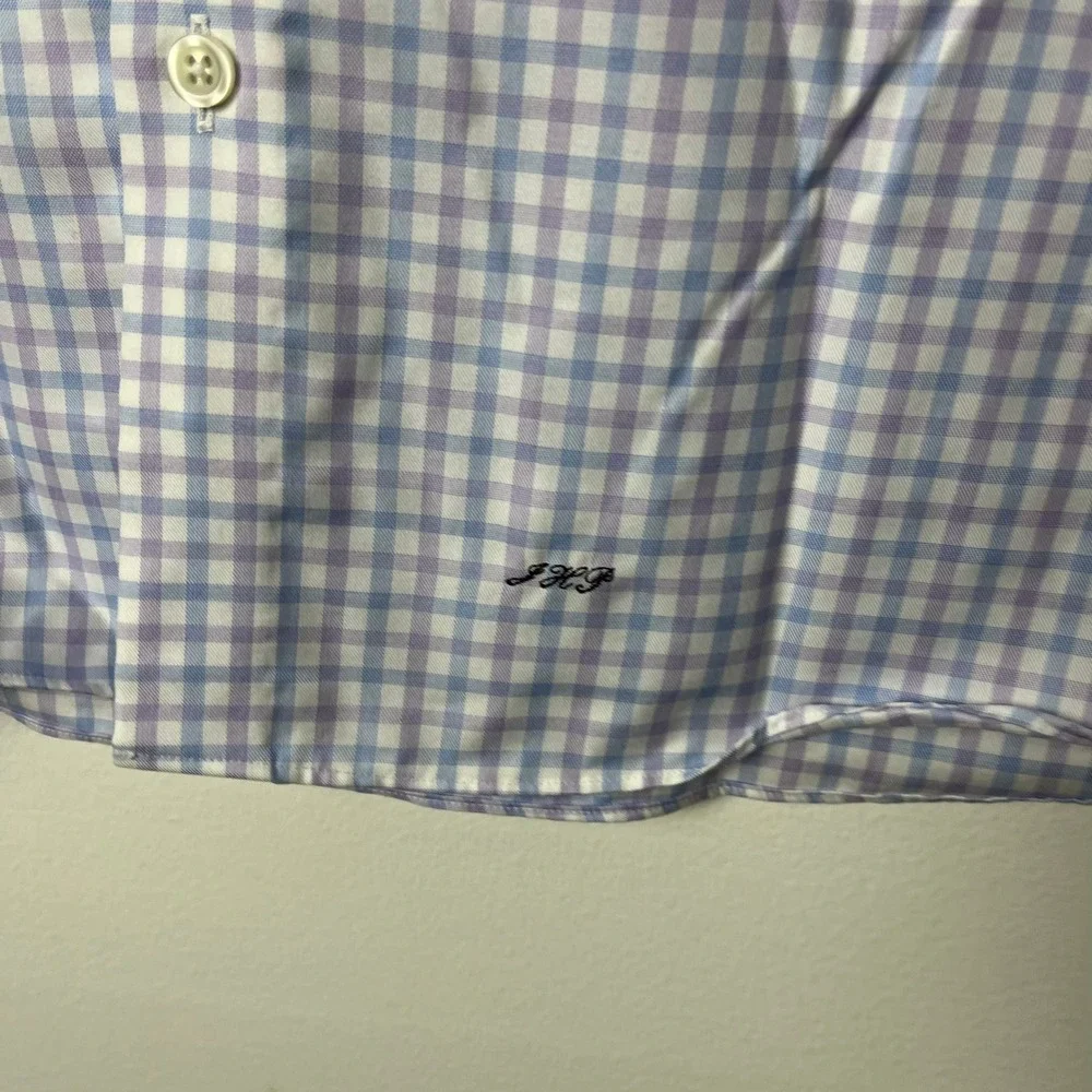 Proper Cloth Button Down Shirt Mens XL Gingham Short Sleeve Monogram JHG Blue